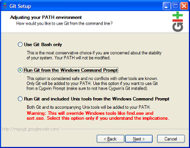 msysGit installer showing the Path Environment screen