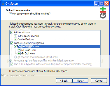 msysGit installer showing the Select Components screen with Context Menu entry options