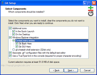 msysGit installer showing the Select Components screen with Context Menu entry options