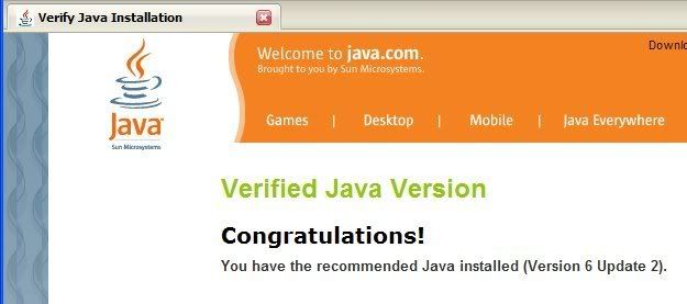 window showing Java installation verification